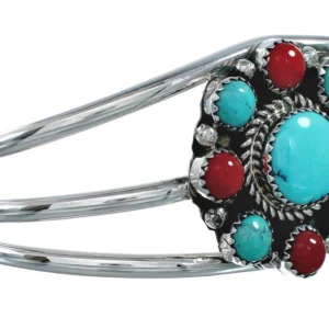 Navajo Turquoise Coral Sterling Silver Native American Cuff Bracelet