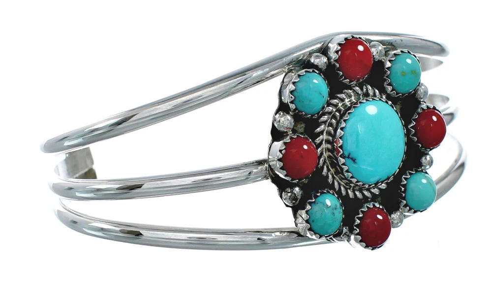 Navajo Turquoise Coral Sterling Silver Native American Cuff Bracelet - Image 2
