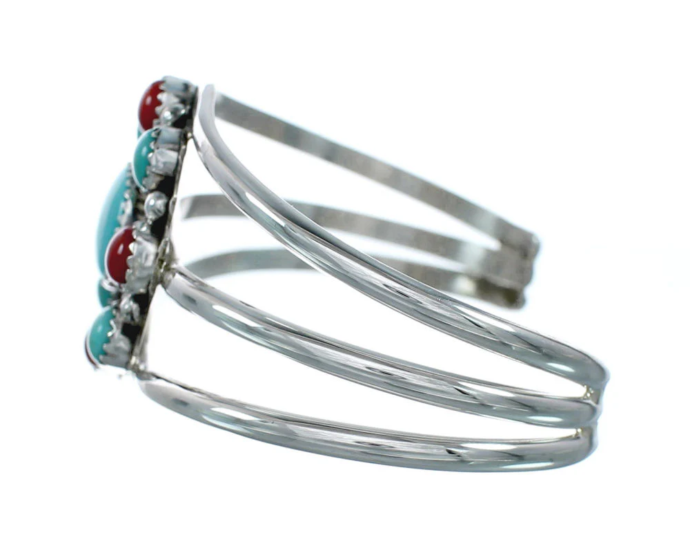 Navajo Turquoise Coral Sterling Silver Native American Cuff Bracelet - Image 3