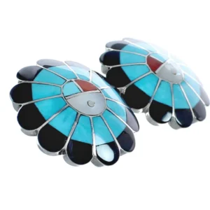 Native American Zuni Sterling Silver Multicolor Inlay Sun Post Earrings