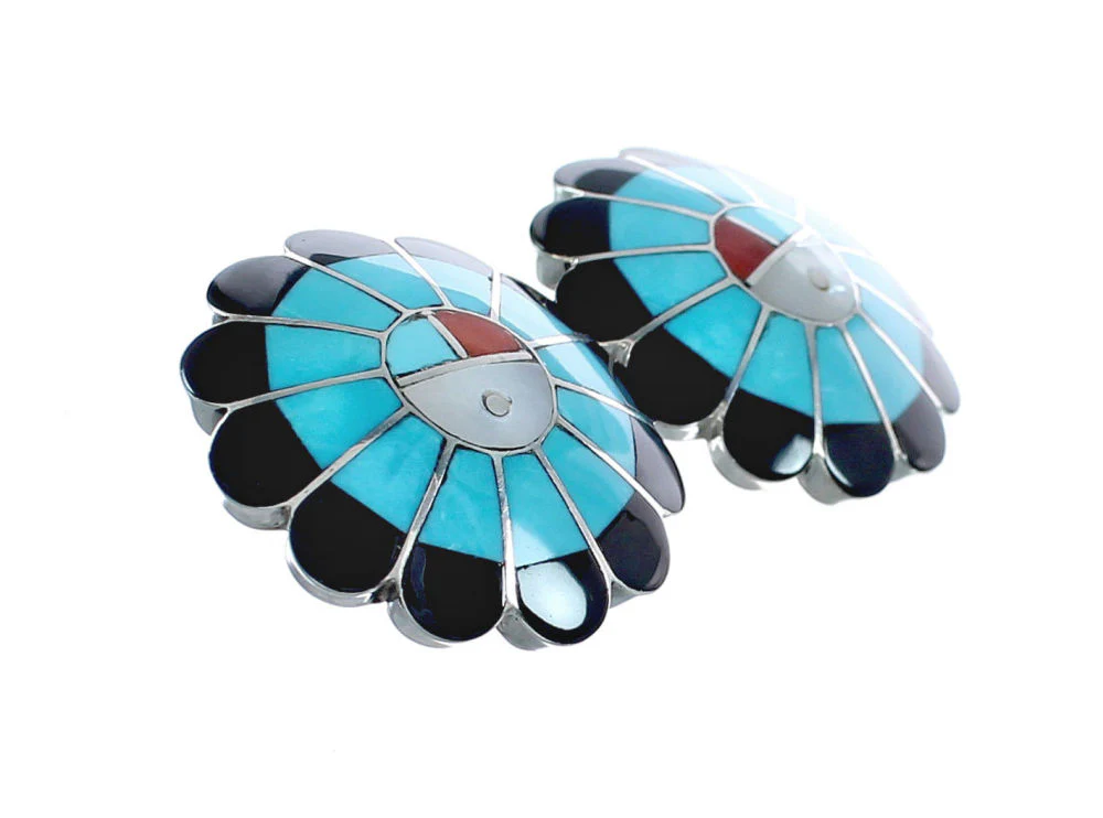 Native American Zuni Sterling Silver Multicolor Inlay Sun Post Earrings - Image 2