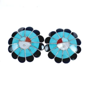 Native American Zuni Sterling Silver Multicolor Inlay Sun Post Earrings