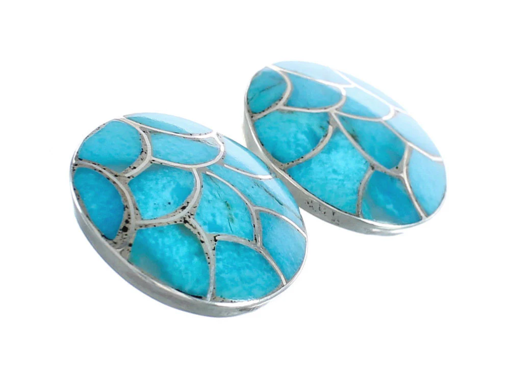 Native American Zuni Turquoise Sterling Silver Post Stud Earrings - Image 2