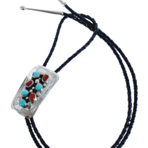 Navajo Bolo Tie Turquoise And Coral Sterling Silver Native American