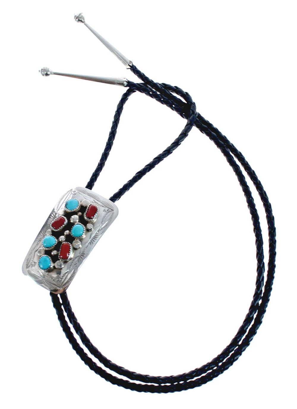 Navajo Bolo Tie Turquoise And Coral Sterling Silver Native American - Image 2