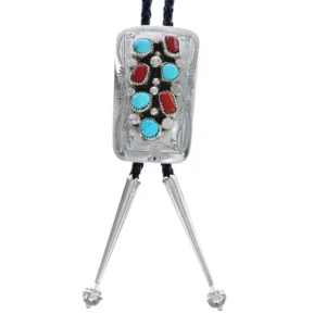 Navajo Bolo Tie Turquoise And Coral Sterling Silver Native American