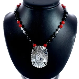 Navajo Coral And Onyx Sterling Silver Bead Necklace