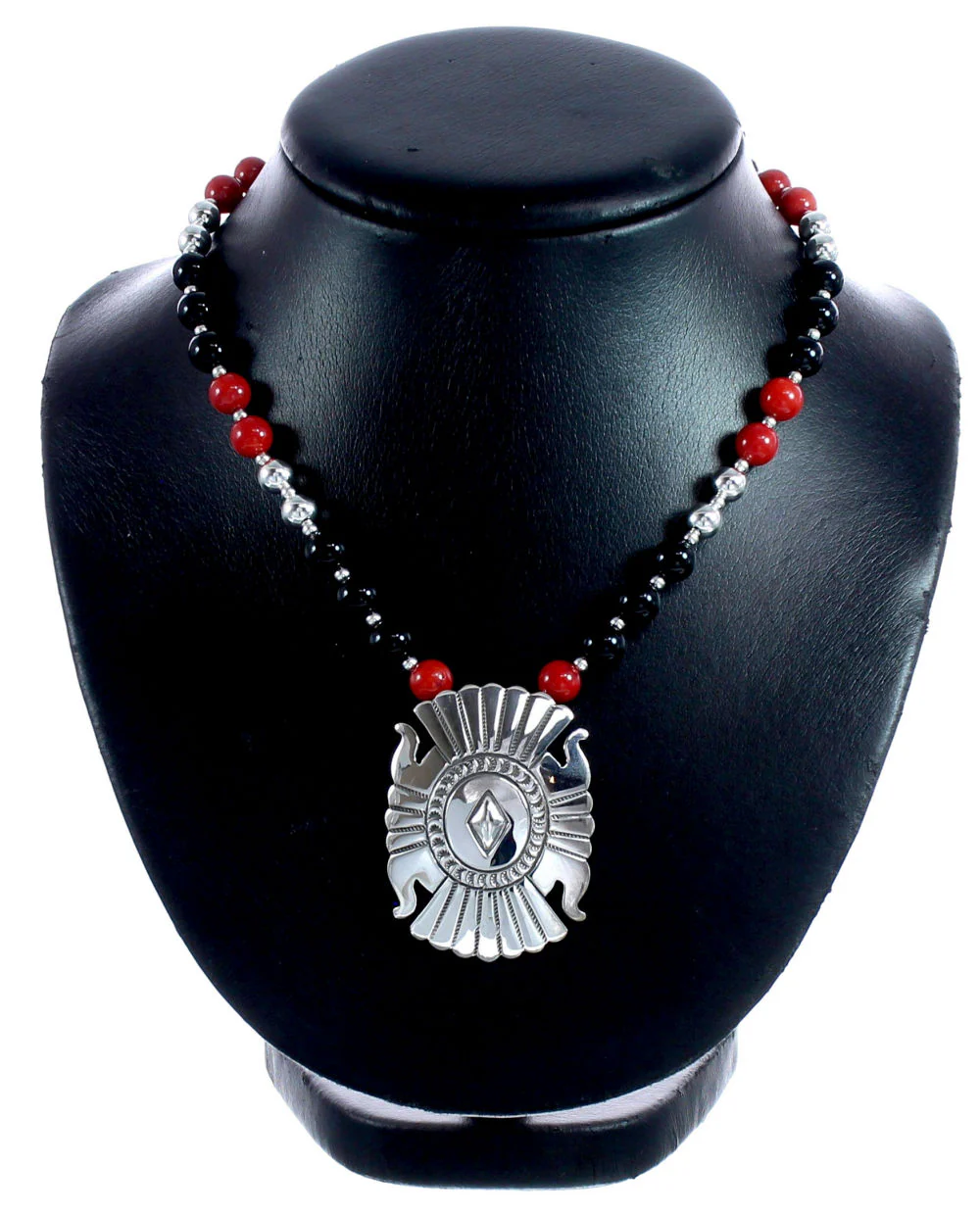 Navajo Coral And Onyx Sterling Silver Bead Necklace - Image 2