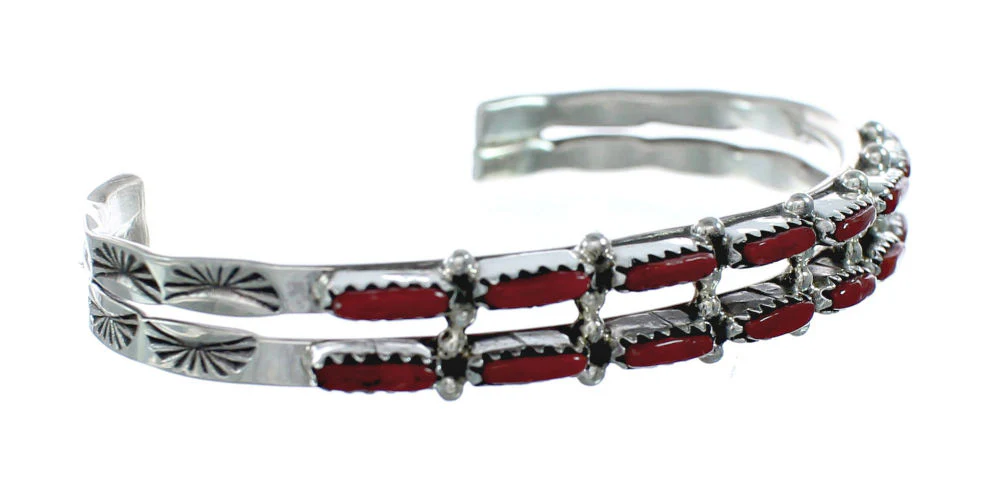 Navajo Coral Sterling Native American Silver Cuff Bracelet - Image 2