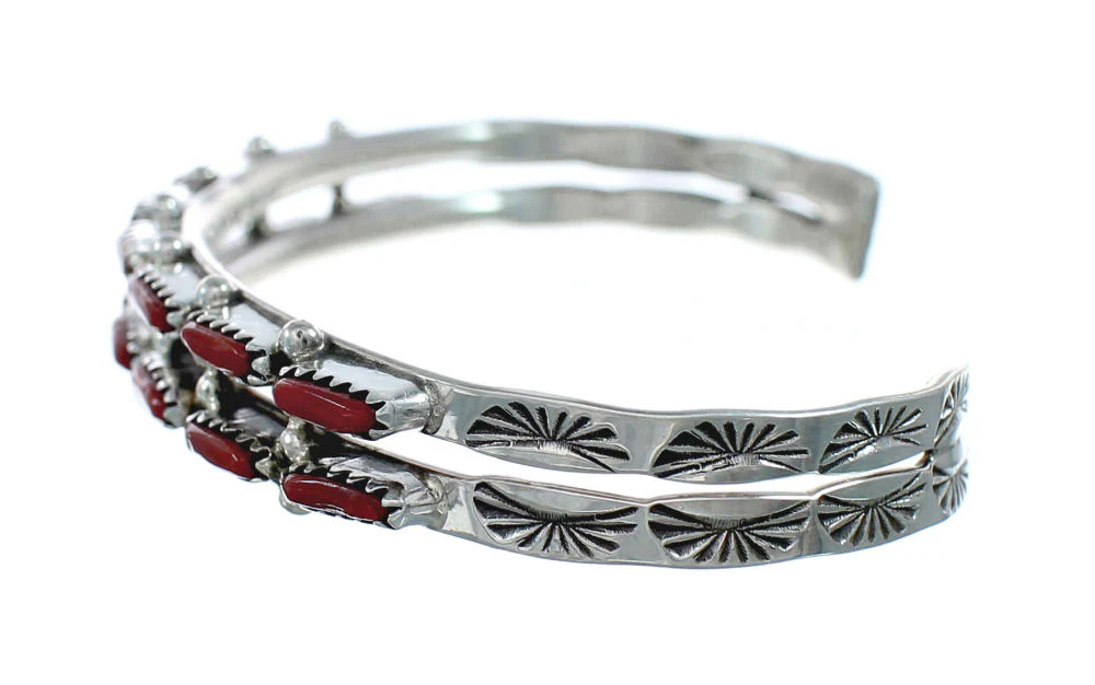Navajo Coral Sterling Native American Silver Cuff Bracelet - Image 3