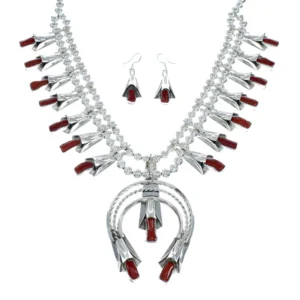 Navajo Coral Sterling Silver Squash Blossom Necklace Set