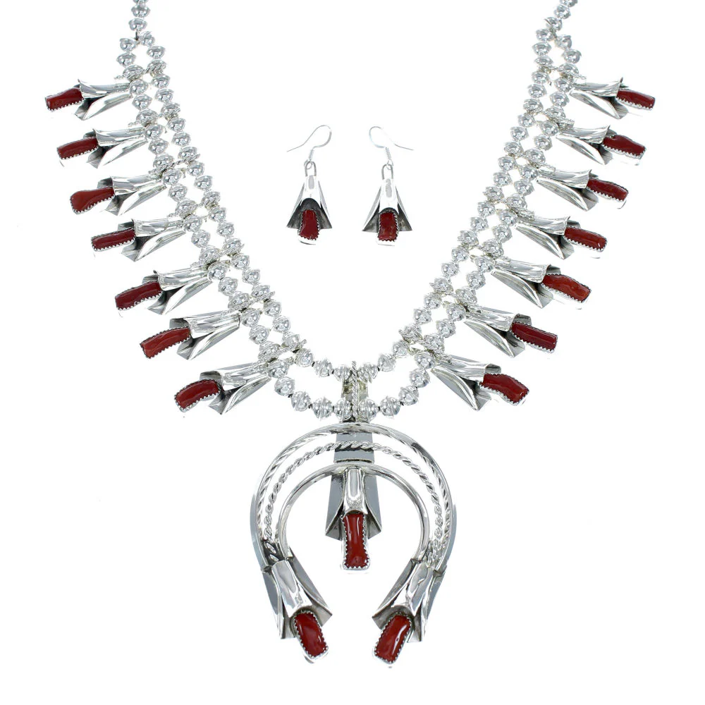 Navajo Coral Sterling Silver Squash Blossom Necklace Set - Image 2