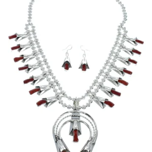 Navajo Coral Sterling Silver Squash Blossom Necklace Set