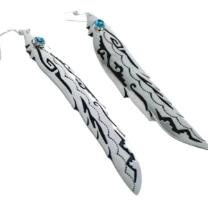 Navajo Feather Hook Dangle Sterling Silver And Turquoise Earrings