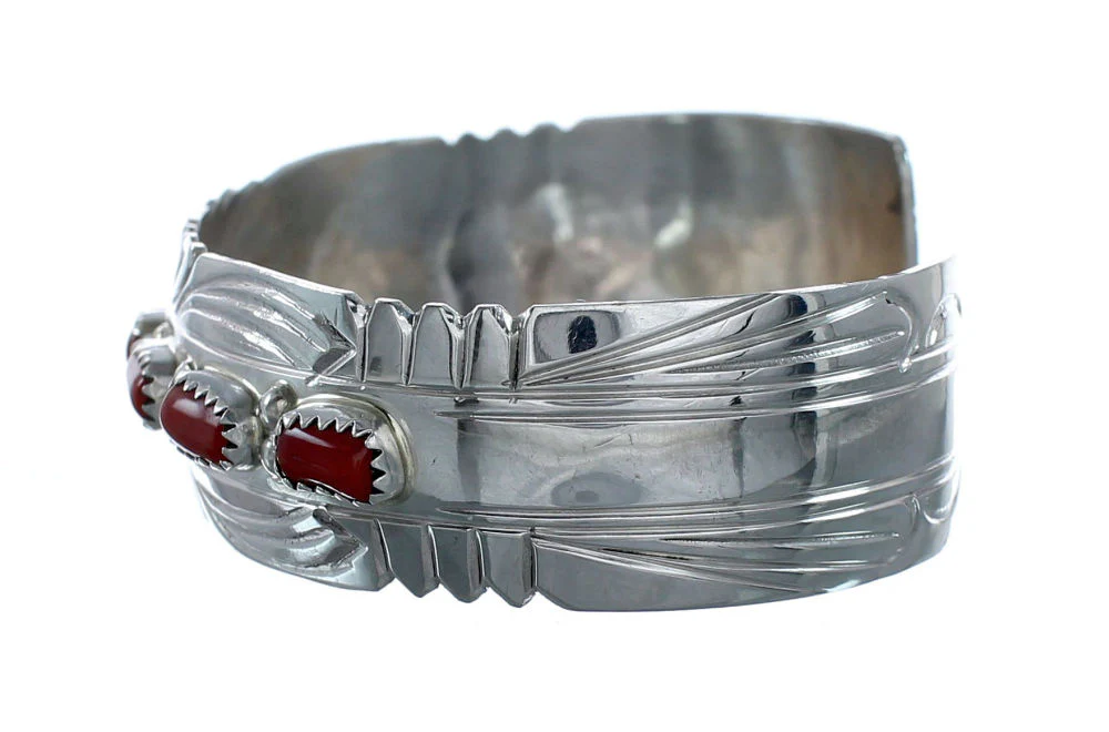 Navajo Genuine Coral Sterling Silver Cuff Bracelet - Image 3