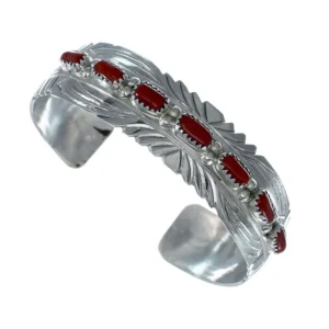 Navajo Genuine Coral Sterling Silver Cuff Bracelet