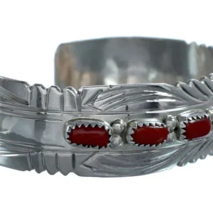 Navajo Genuine Coral Sterling Silver Cuff Bracelet