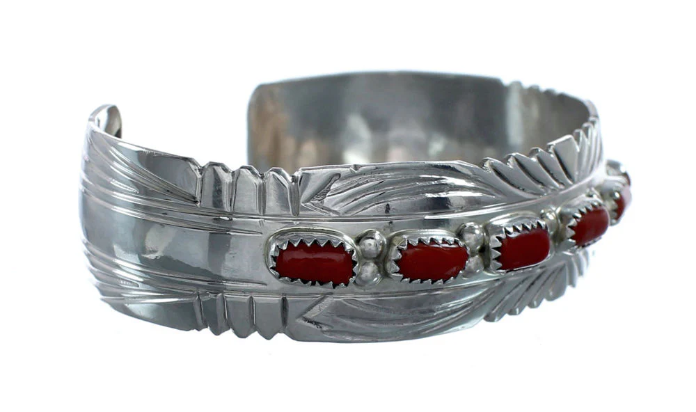 Navajo Genuine Coral Sterling Silver Cuff Bracelet - Image 2