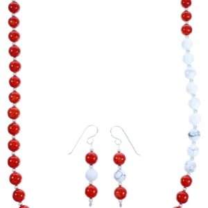 Navajo Howlite And Coral Sterling Silver Bead Necklace And Earrings