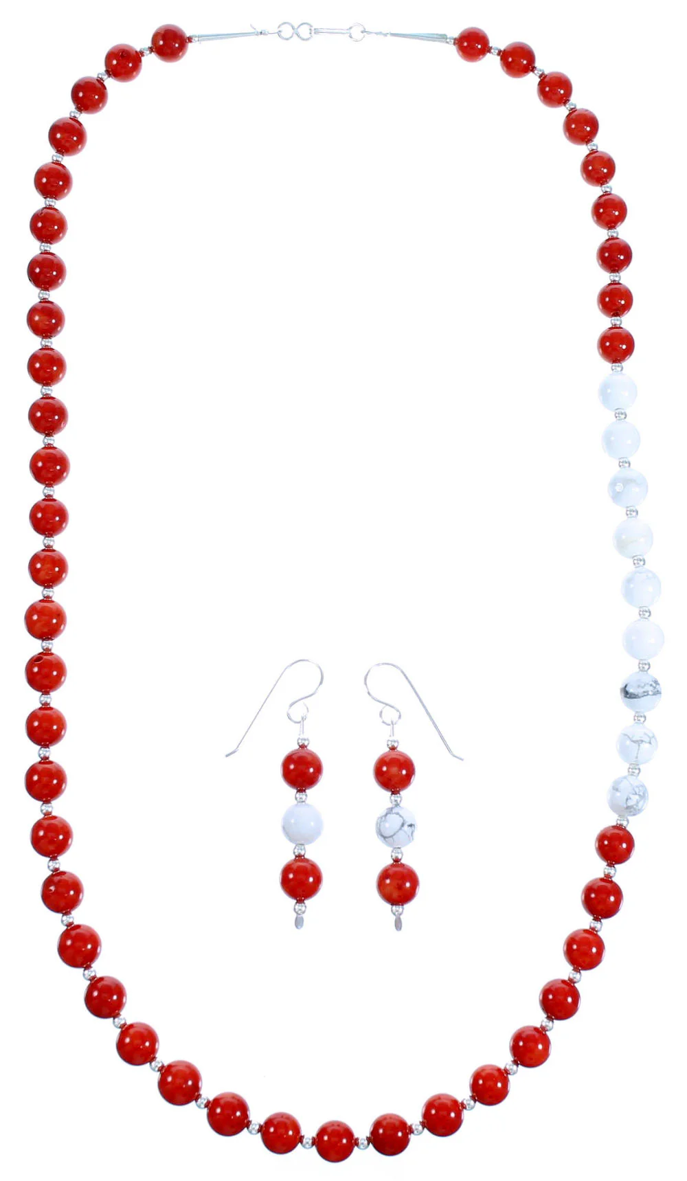 Navajo Howlite And Coral Sterling Silver Bead Necklace And Earrings - Image 2