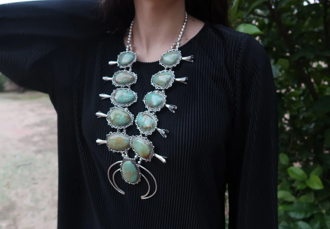 Navajo Kingman Turquoise Sterling Silver Naja Squash Blossom Necklace Set - Image 3
