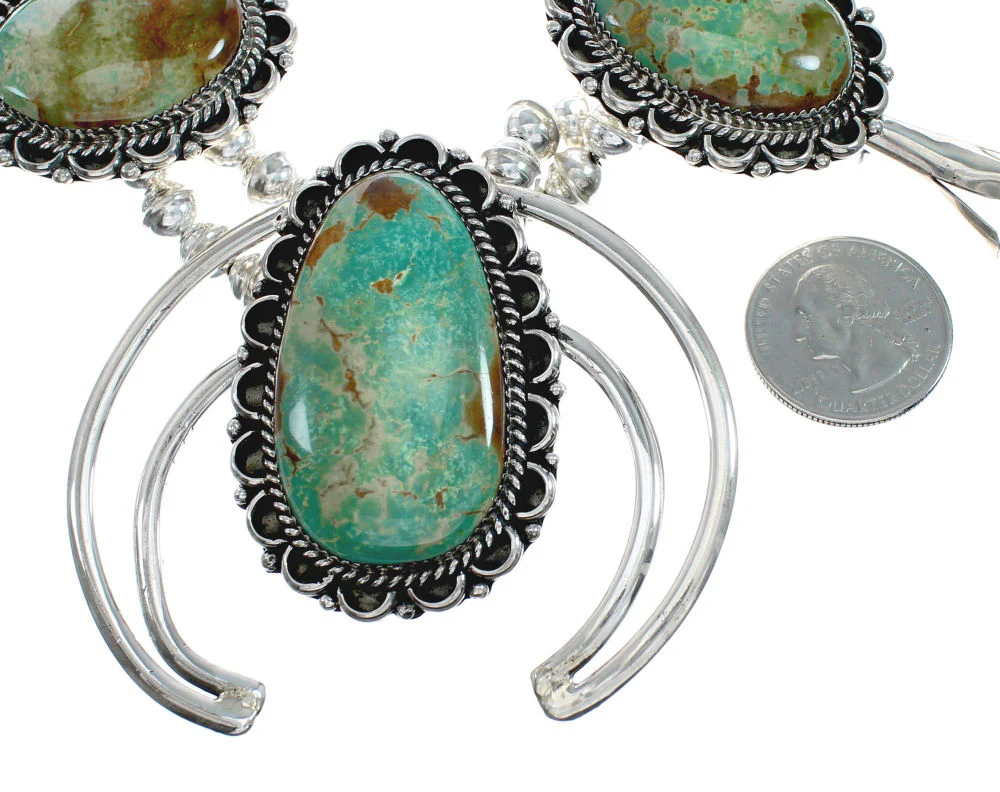 Navajo Kingman Turquoise Sterling Silver Naja Squash Blossom Necklace Set - Image 5