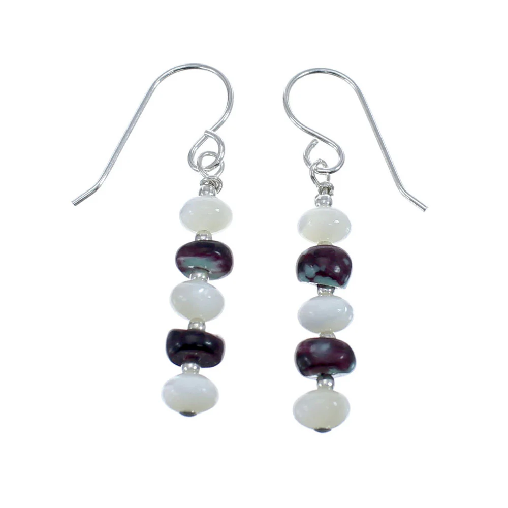 Navajo Mother of Pearl Agate Bead Hook Dangle Sterling Silver Earrings - Image 2