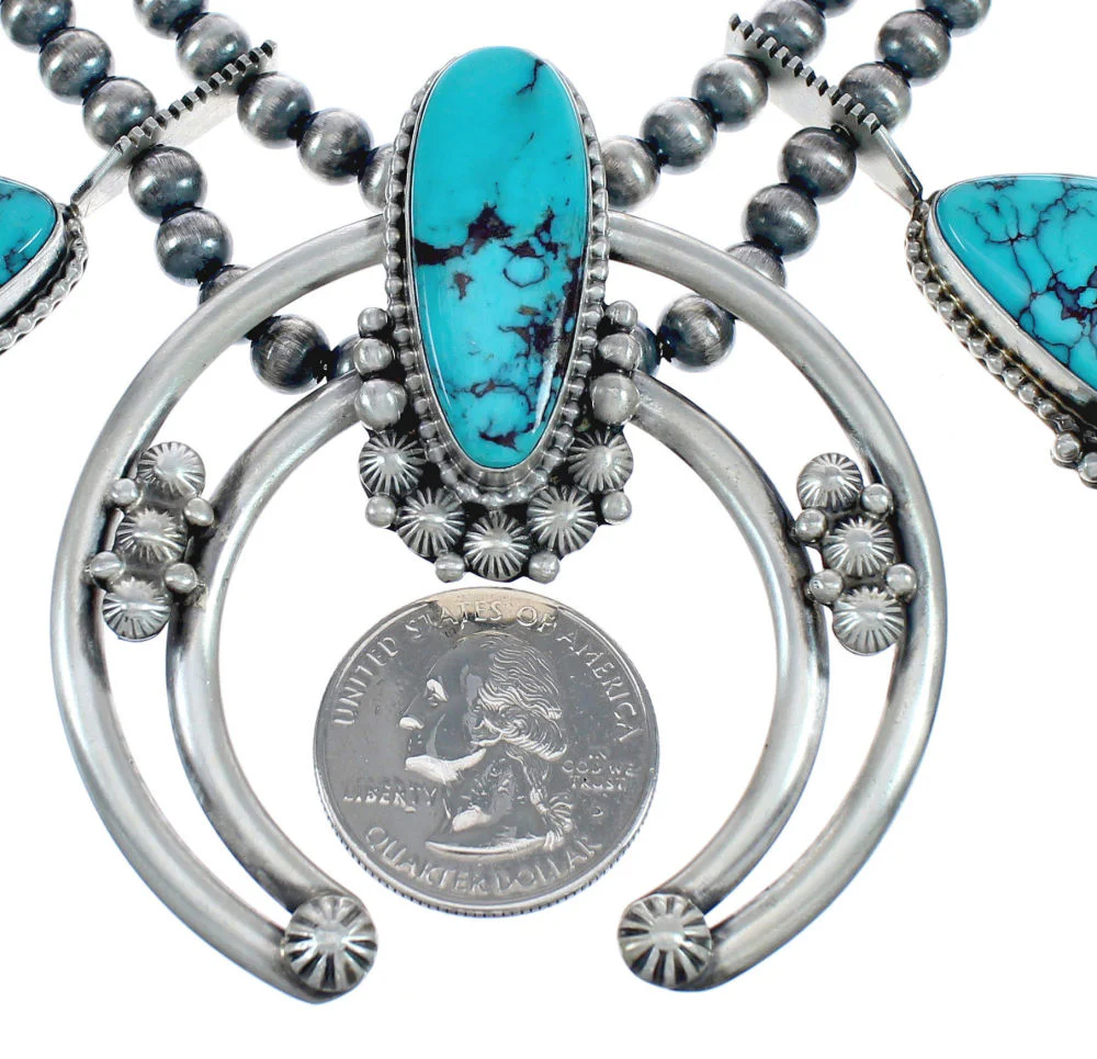 Navajo Naja Squash Blossom Turquoise Sterling Silver Necklace Set - Image 3