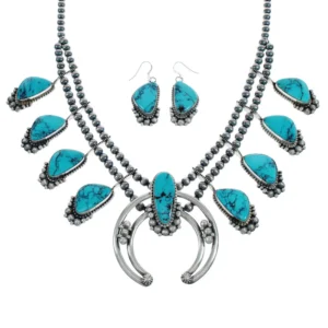 Navajo Naja Squash Blossom Turquoise Sterling Silver Necklace Set
