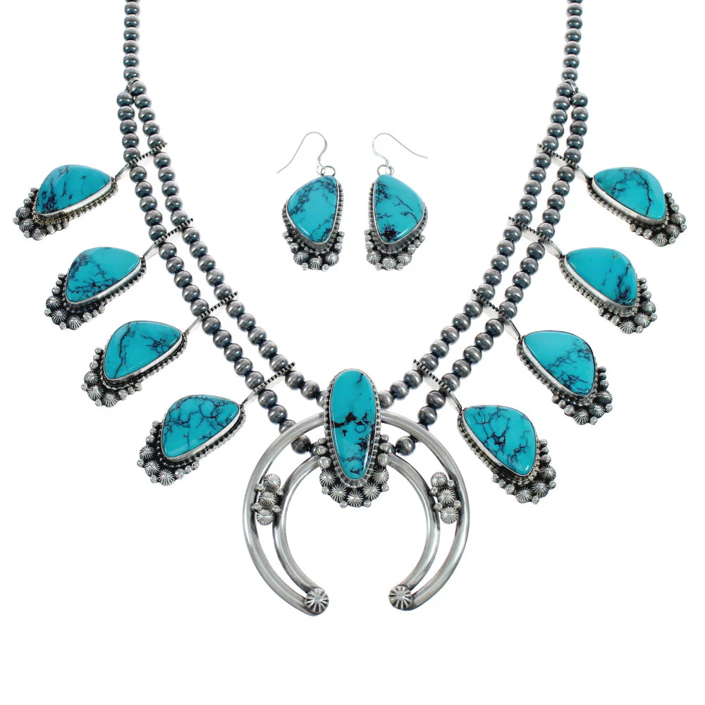 Navajo Naja Squash Blossom Turquoise Sterling Silver Necklace Set - Image 2