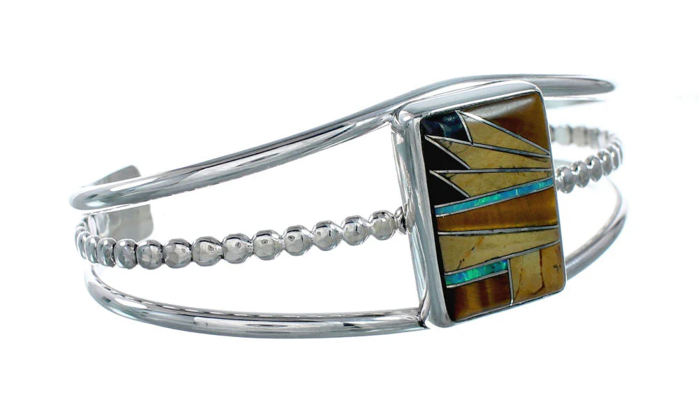 Navajo Sterling Silver And Multicolor Inlay Southwest Cuff Bracelet - Image 2