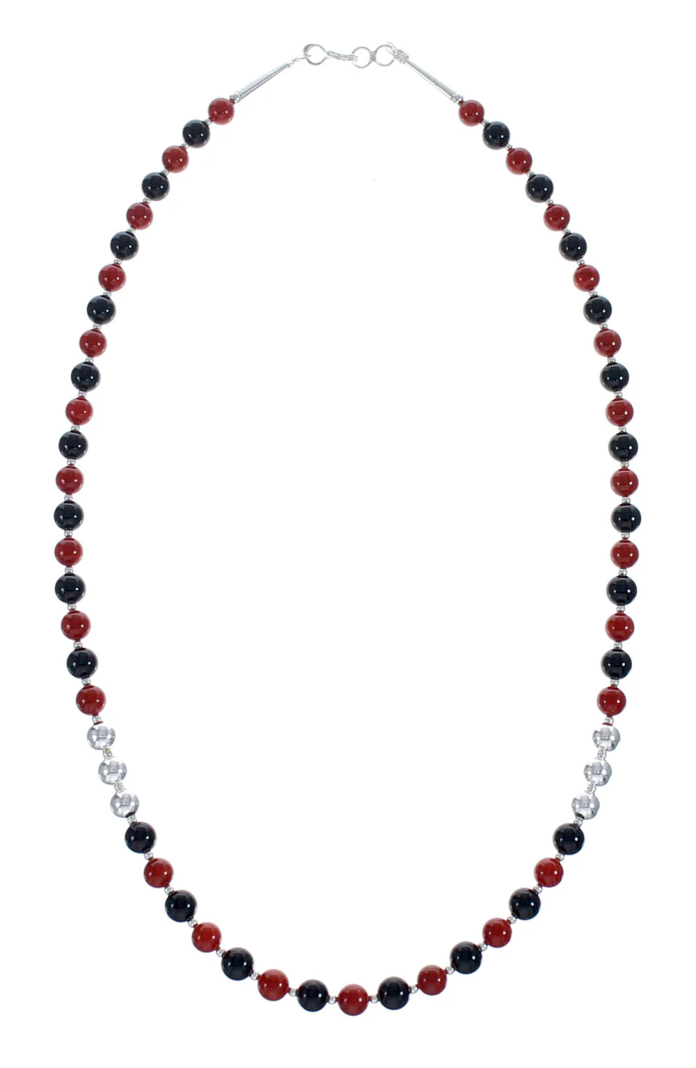 Navajo Sterling Silver Coral And Onyx Bead Necklace - Image 2