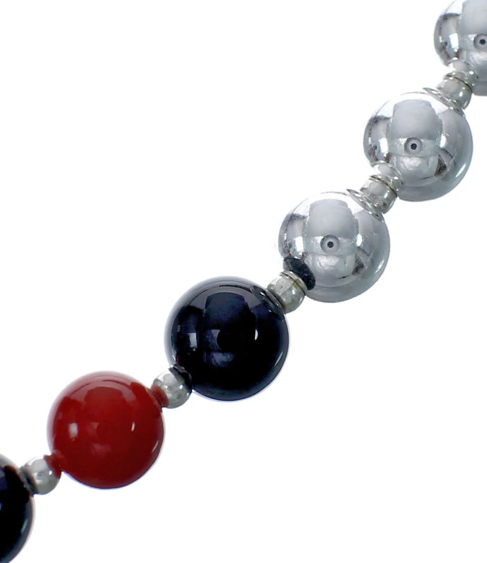 Navajo Sterling Silver Coral And Onyx Bead Necklace - Image 3