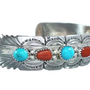 Buy Navajo Turquoise And Coral Sterling Silver Cuff Bracelet