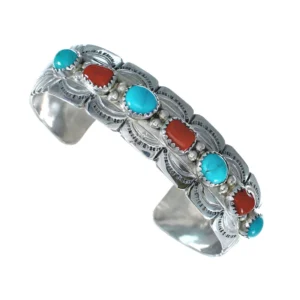 Buy Navajo Turquoise And Coral Sterling Silver Cuff Bracelet