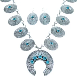 Navajo Turquoise Sterling Silver Concho Squash Blossom Necklace Set