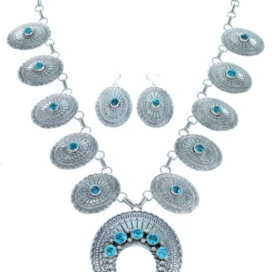 Navajo Turquoise Sterling Silver Concho Squash Blossom Necklace Set