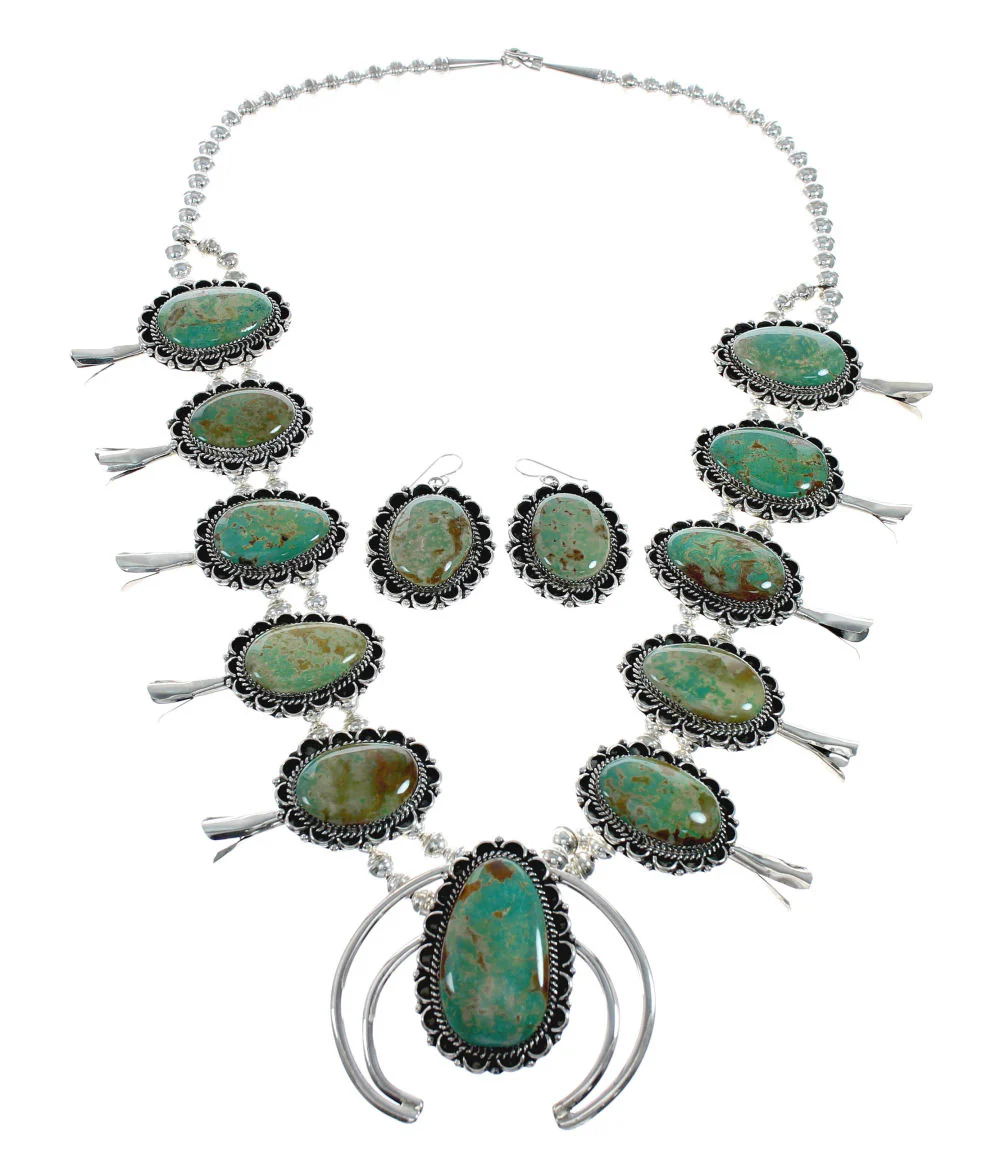 Navajo Kingman Turquoise Sterling Silver Naja Squash Blossom Necklace Set - Image 4