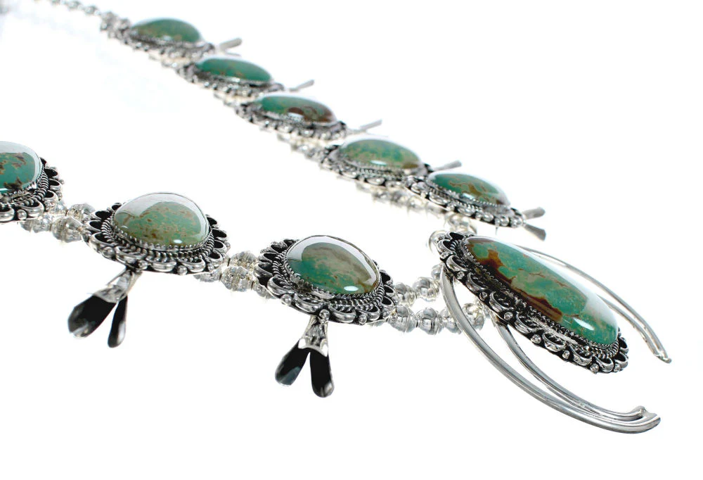 Navajo Kingman Turquoise Sterling Silver Naja Squash Blossom Necklace Set - Image 2