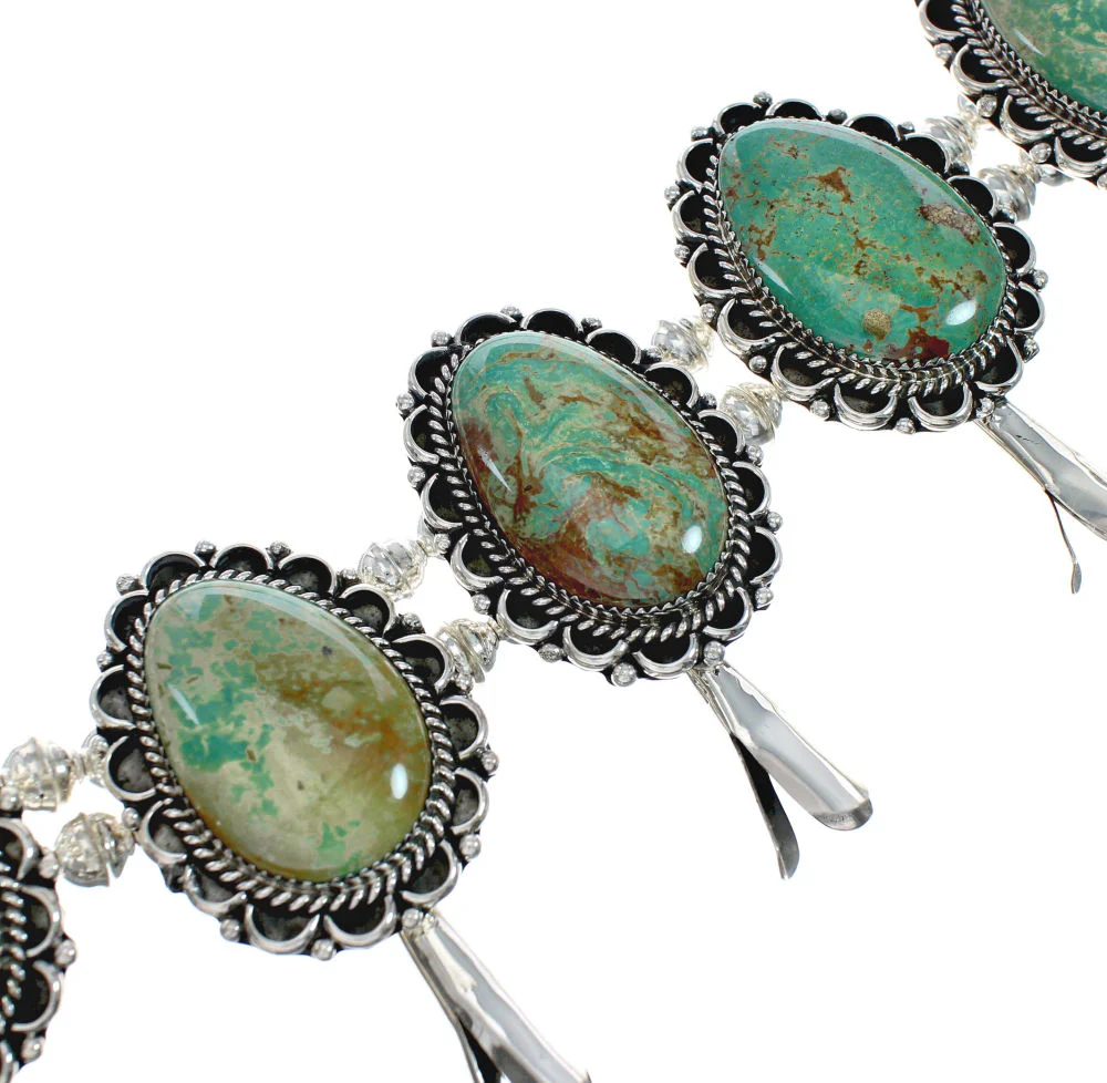 Navajo Kingman Turquoise Sterling Silver Naja Squash Blossom Necklace Set - Image 6