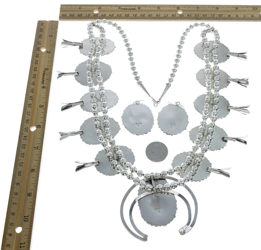 Navajo Kingman Turquoise Sterling Silver Naja Squash Blossom Necklace Set - Image 8