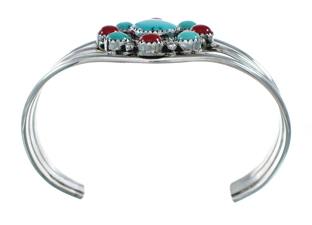 Navajo Turquoise Coral Sterling Silver Native American Cuff Bracelet - Image 4