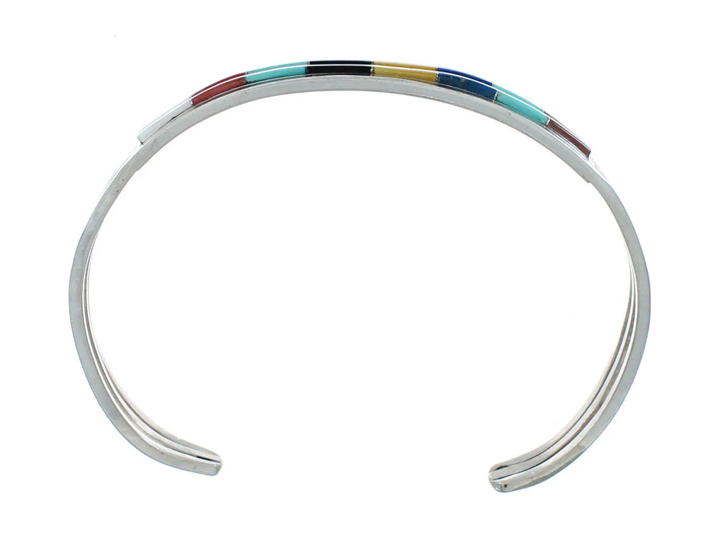 Multicolor Inlay Genuine Sterling Silver Zuni Cuff Bracelet - Image 4