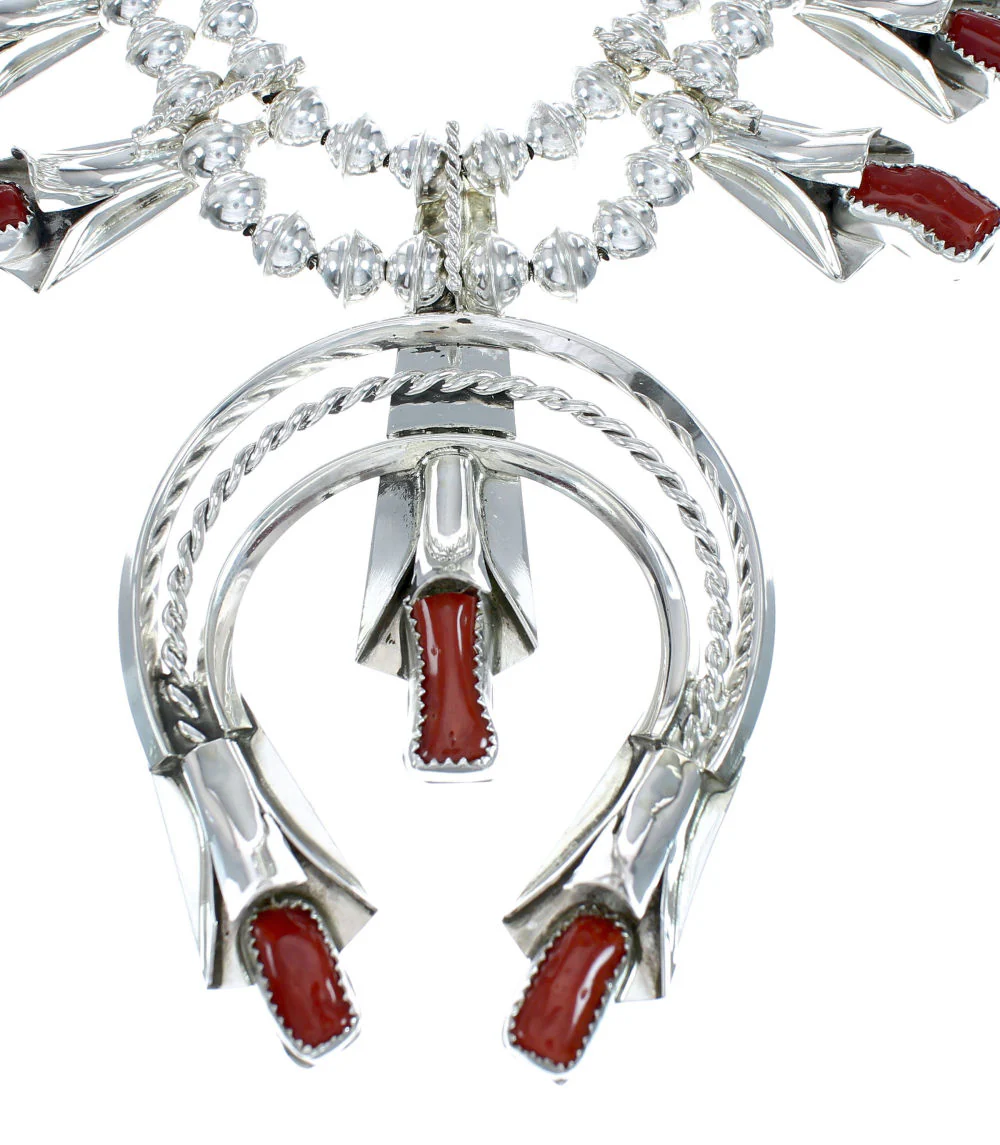 Navajo Coral Sterling Silver Squash Blossom Necklace Set - Image 3