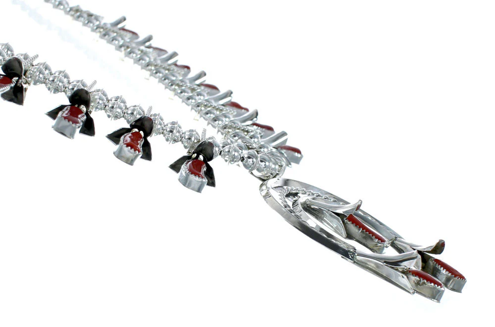 Navajo Coral Sterling Silver Squash Blossom Necklace Set - Image 4