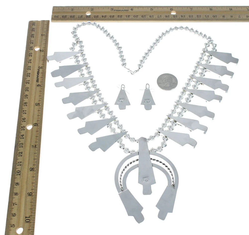 Navajo Coral Sterling Silver Squash Blossom Necklace Set - Image 6