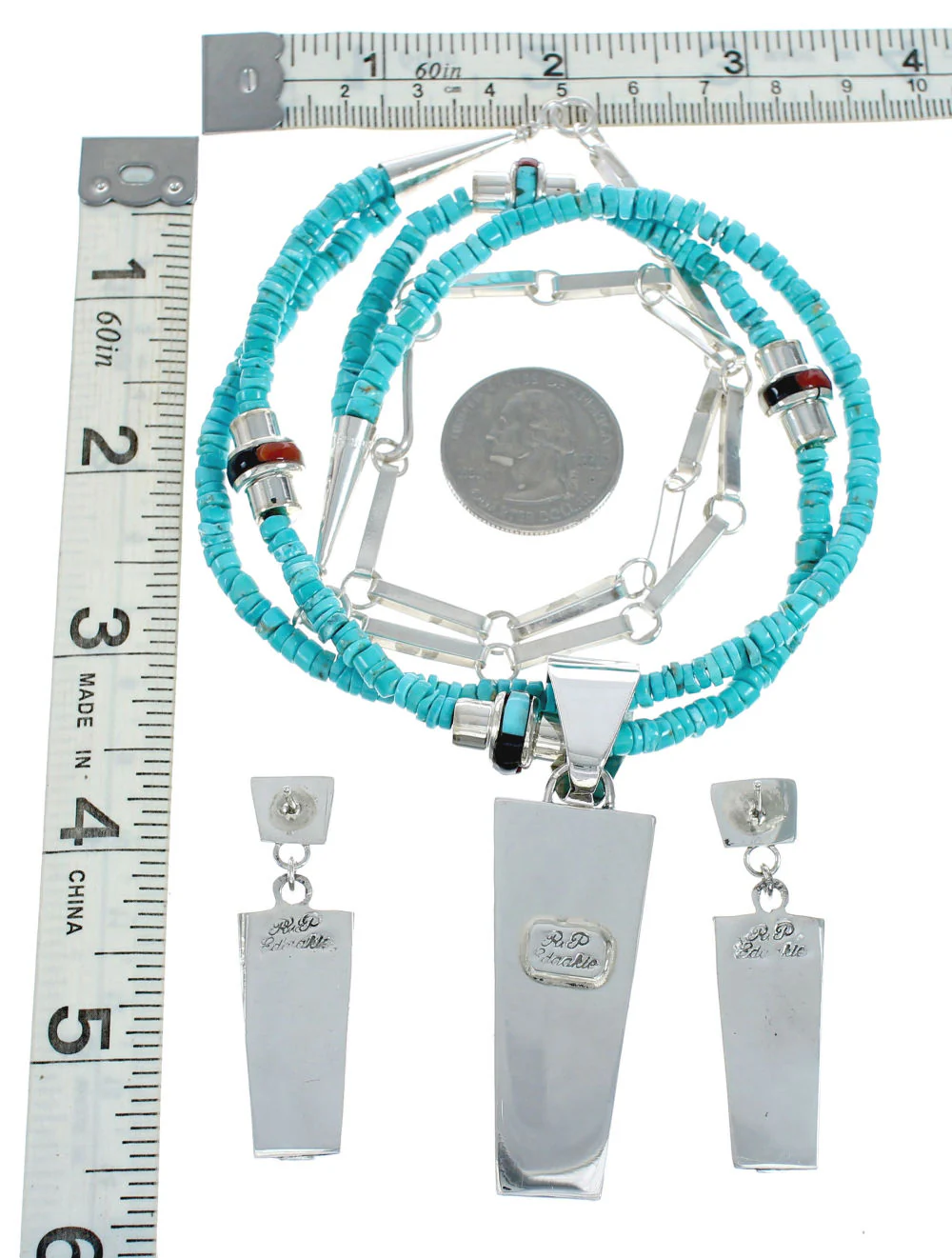 Zuni Indian Multicolor Sterling Silver 2-Strand Bead Necklace And Earrings Set - Image 6