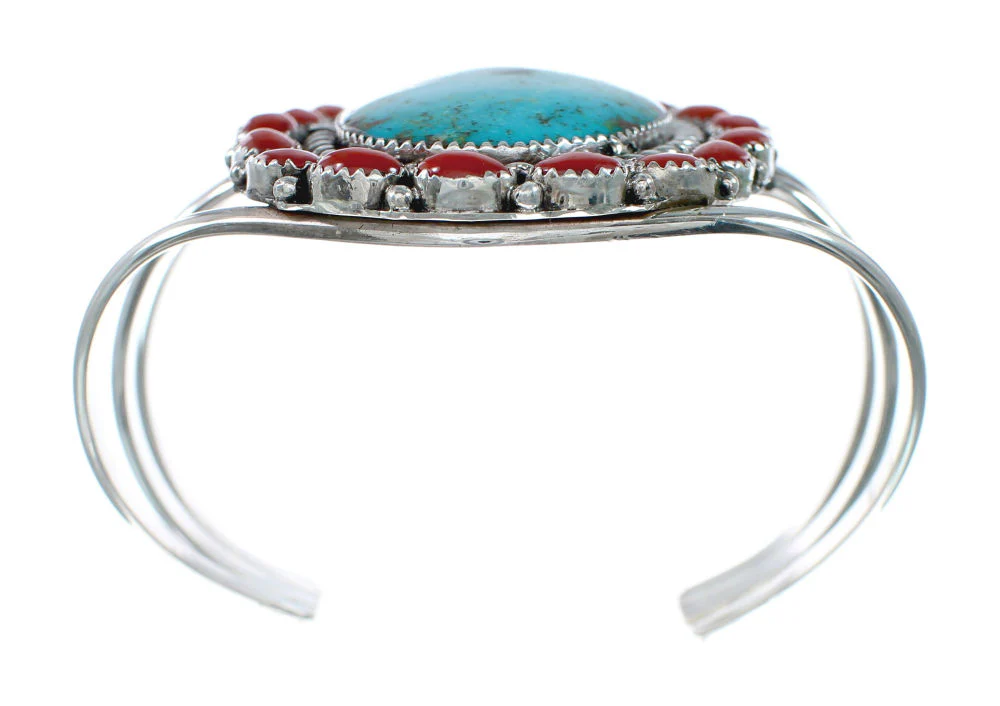 Turquoise and Coral Multi-Stone Sterling Silver Native American Cuff Bracelet - Image 4