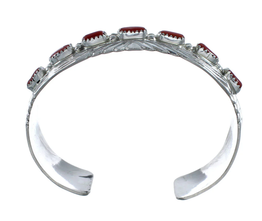 Navajo Genuine Coral Sterling Silver Cuff Bracelet - Image 4