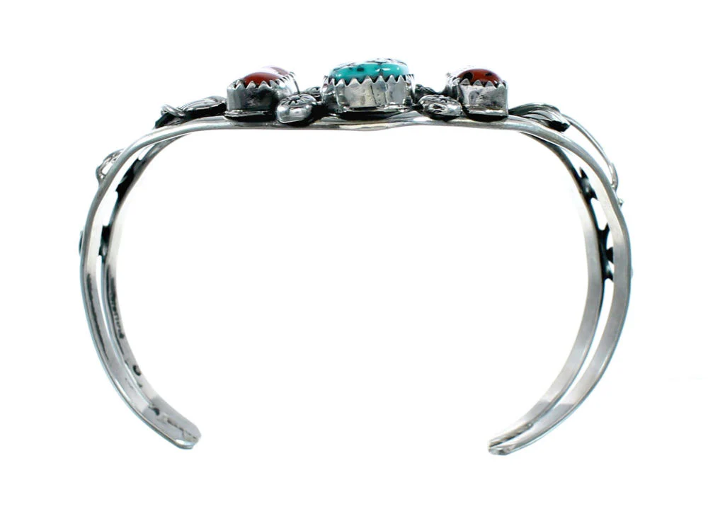 Native American Navajo Turquoise And Coral Sterling Silver Cuff Bracelet - Image 3
